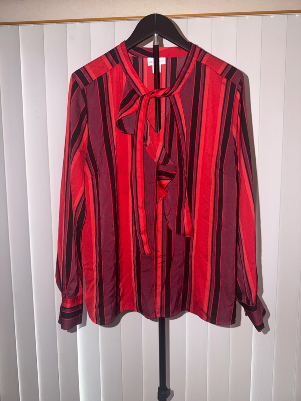 Liz Claiborne Red and Black Striped Tie-Neck Blouse